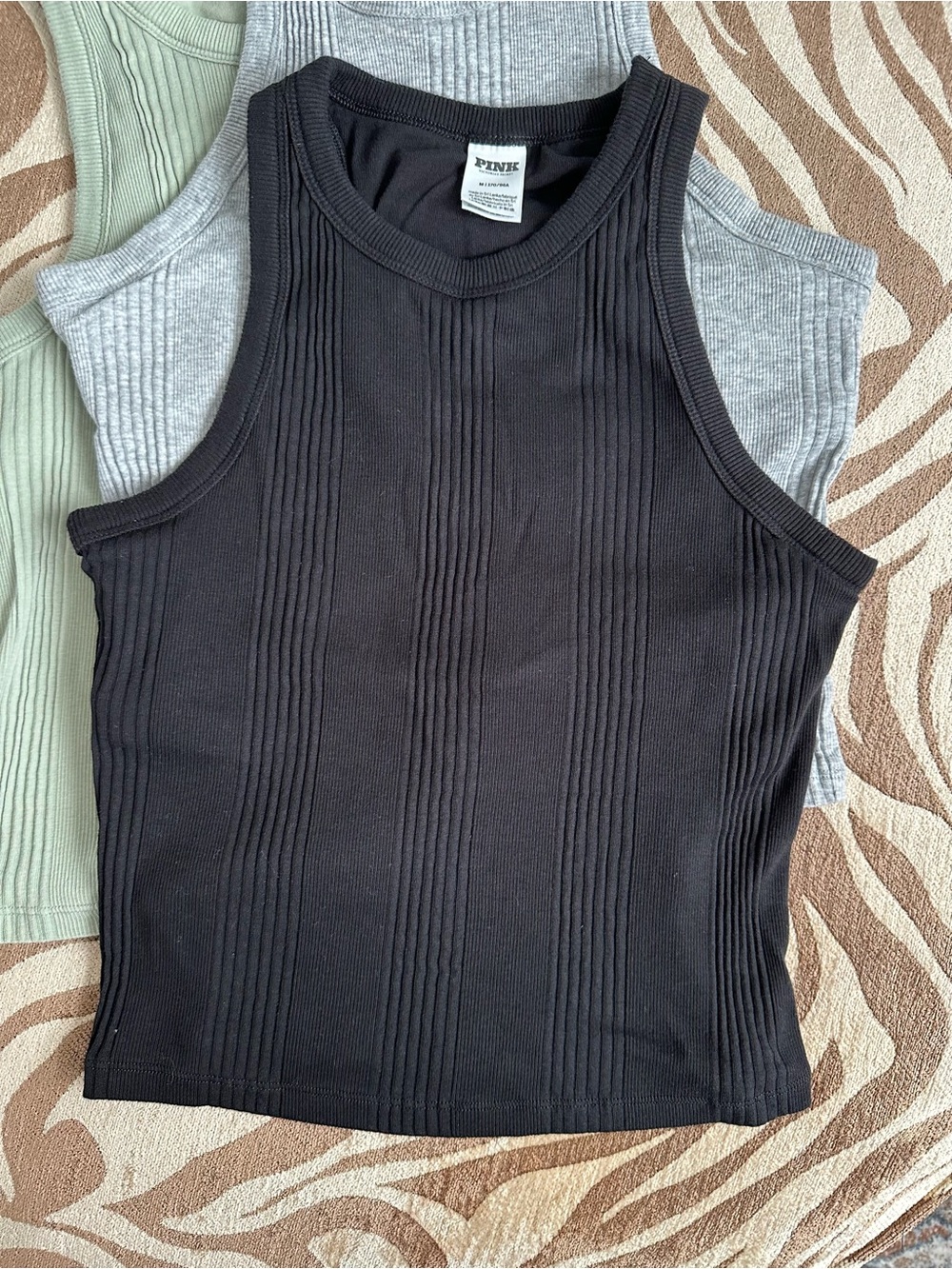 3-PINK Victoria's Secret Ribbed Tank Tops - Black, Grey, Green - Picture 2 of 7